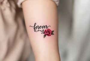 The word "forever" written in flowing black script, wrapped in a red rose stem with soft thorns. tattoo idea