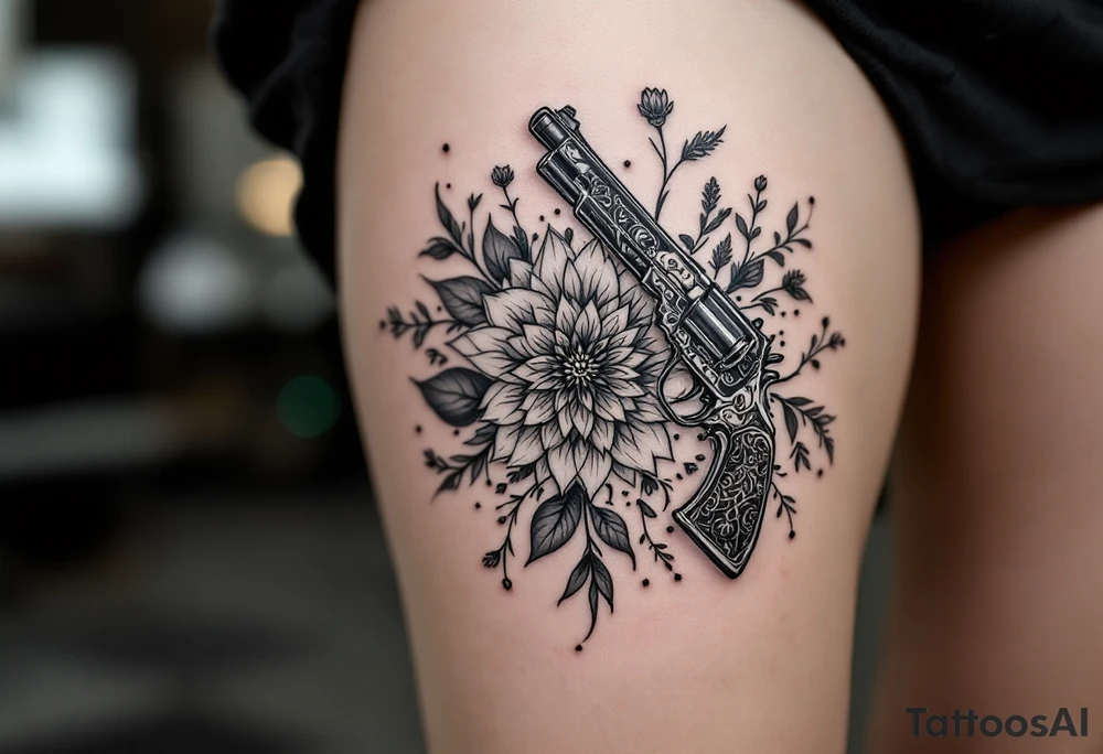 Gun mandala and flowers tattoo idea