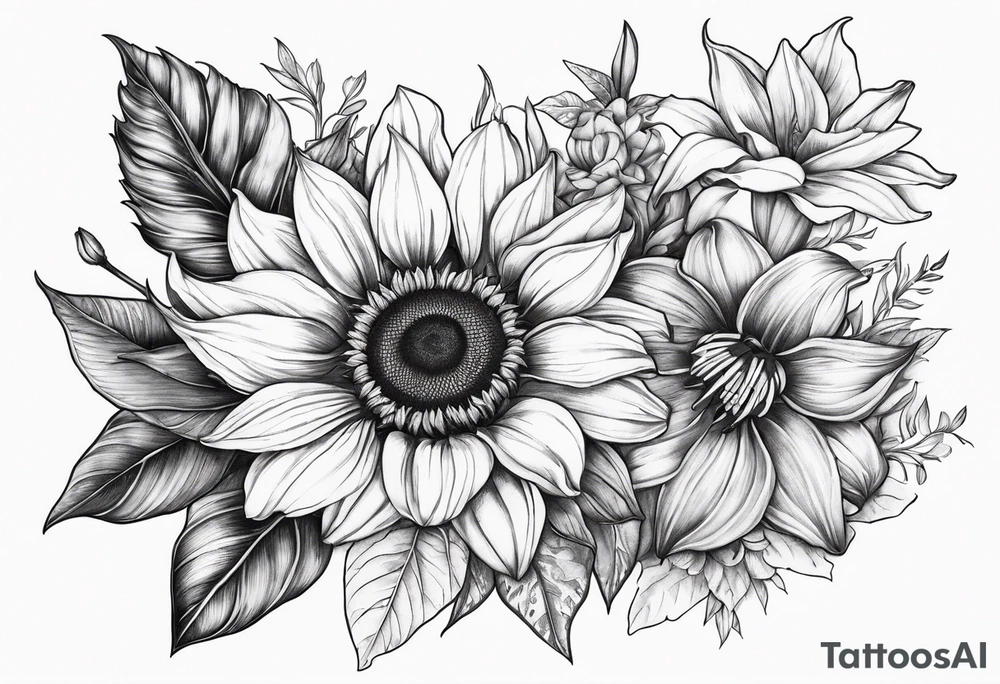 sunflower lily poppy rose tattoo idea