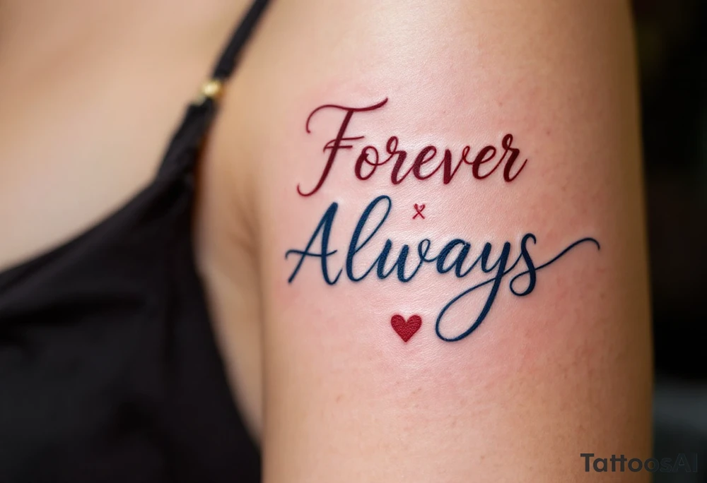 Elegant script “Forever” in burgundy for her and “Always” in navy for him inked over the heart show eternal devotion. tattoo idea