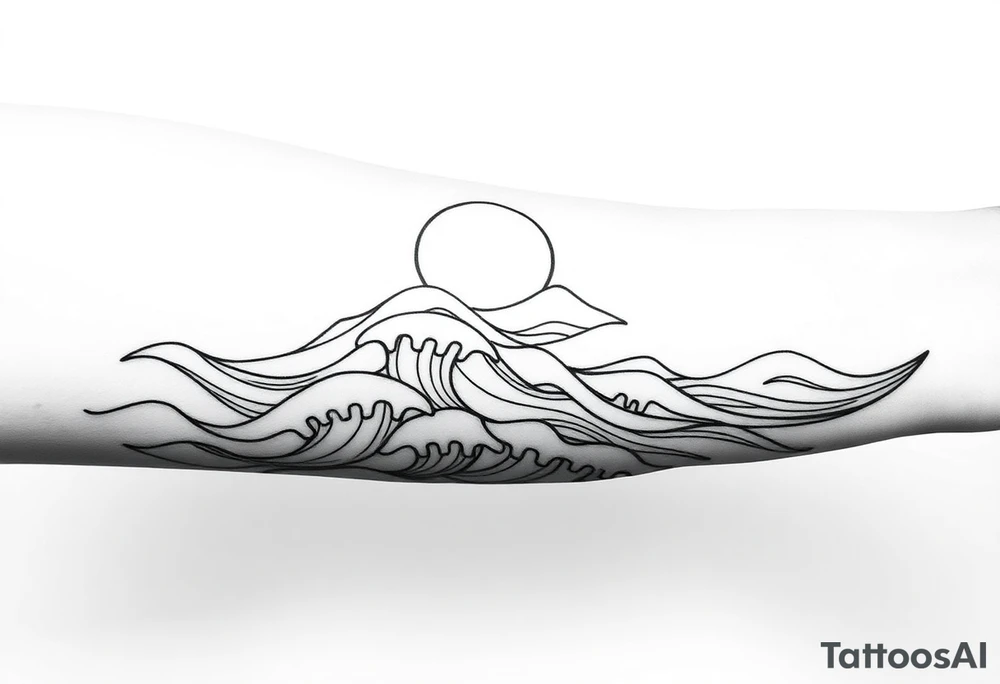 Wrap-around tattoo design on the forearm, black and white line art. Stylized calm sea with flowing waves wrapping around the arm, horizon line extending seamlessly. Above the horizon, a glowing sun or moon integrated into the circular flow, with subtle Norse runes (Algiz, Raido) hidden in the light. Balanced, elegant, marine and mythological atmosphere. Clean outlines, high contrast, stencil-ready for forearm tattoo. tattoo idea