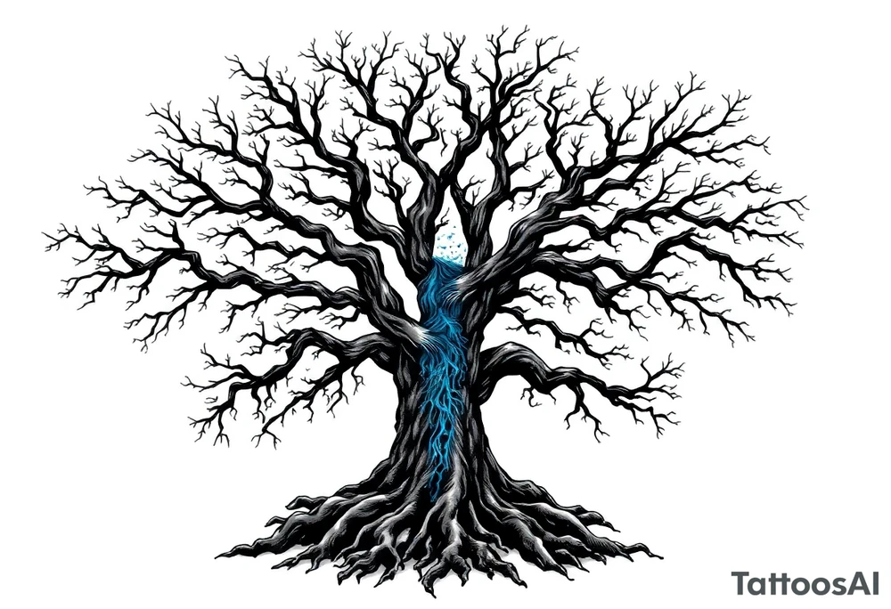 Black and white Tree with roots. Blue water inside the whole tree like veins tattoo idea