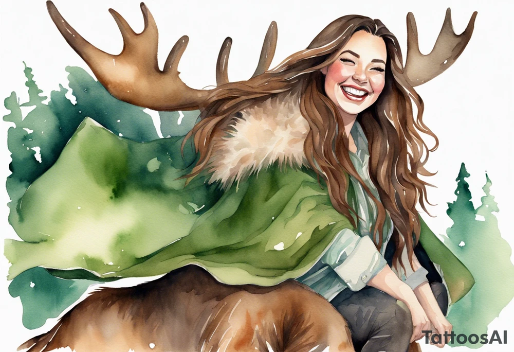 a watercolor of a curvy woman with long brown hair and brown skin and green eyes wearing a fur cloak laughing riding a moose tattoo idea