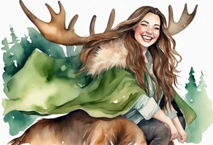 a watercolor of a curvy woman with long brown hair and brown skin and green eyes wearing a fur cloak laughing riding a moose tattoo idea