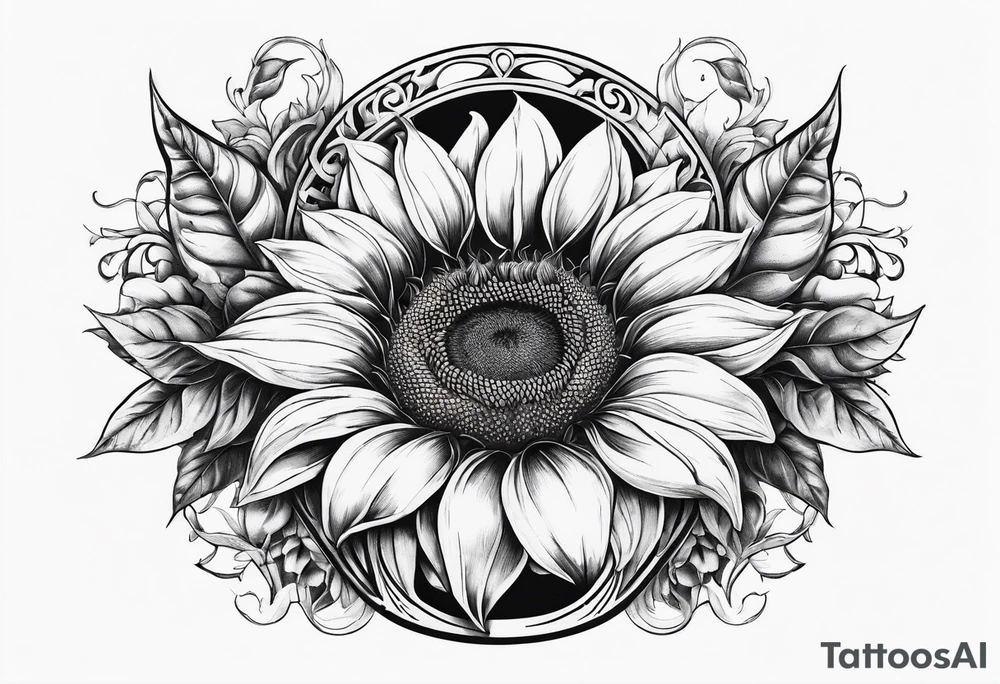 A steel horseshoe with a sunflower in the center tattoo idea