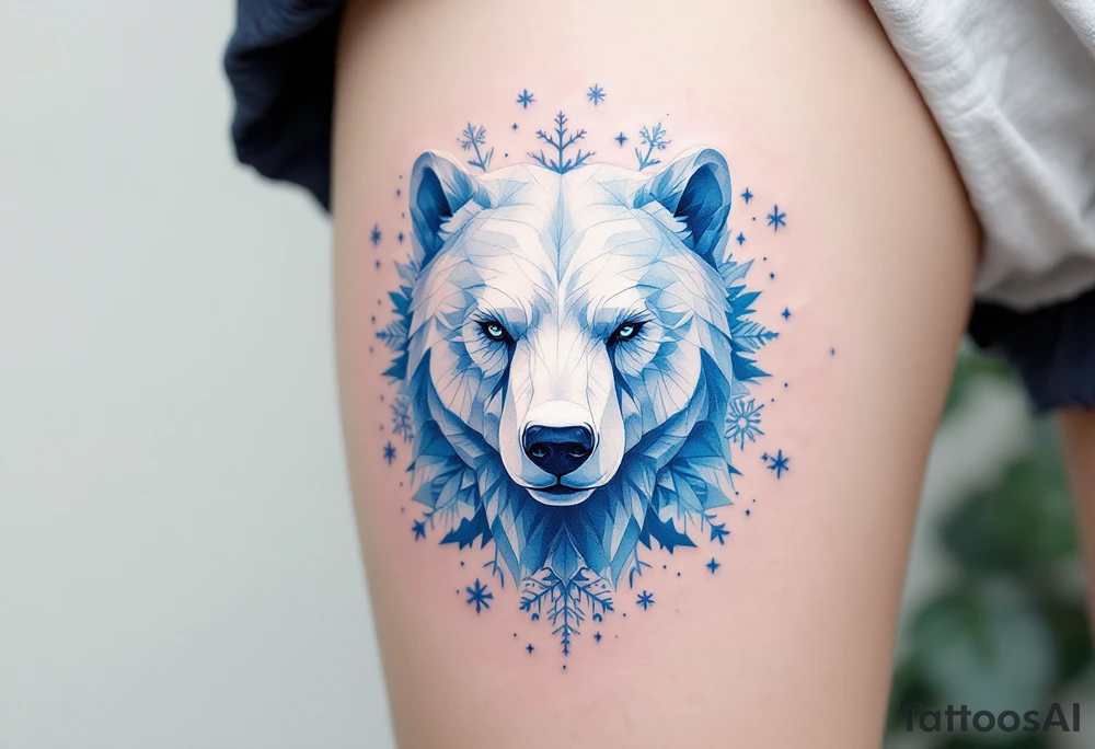 A spirit bear in white with blue accents, surrounded by snowflake and mountain motifs. tattoo idea