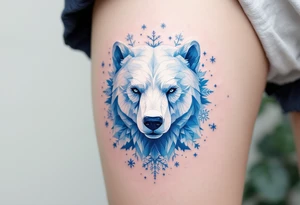 A spirit bear in white with blue accents, surrounded by snowflake and mountain motifs. tattoo idea