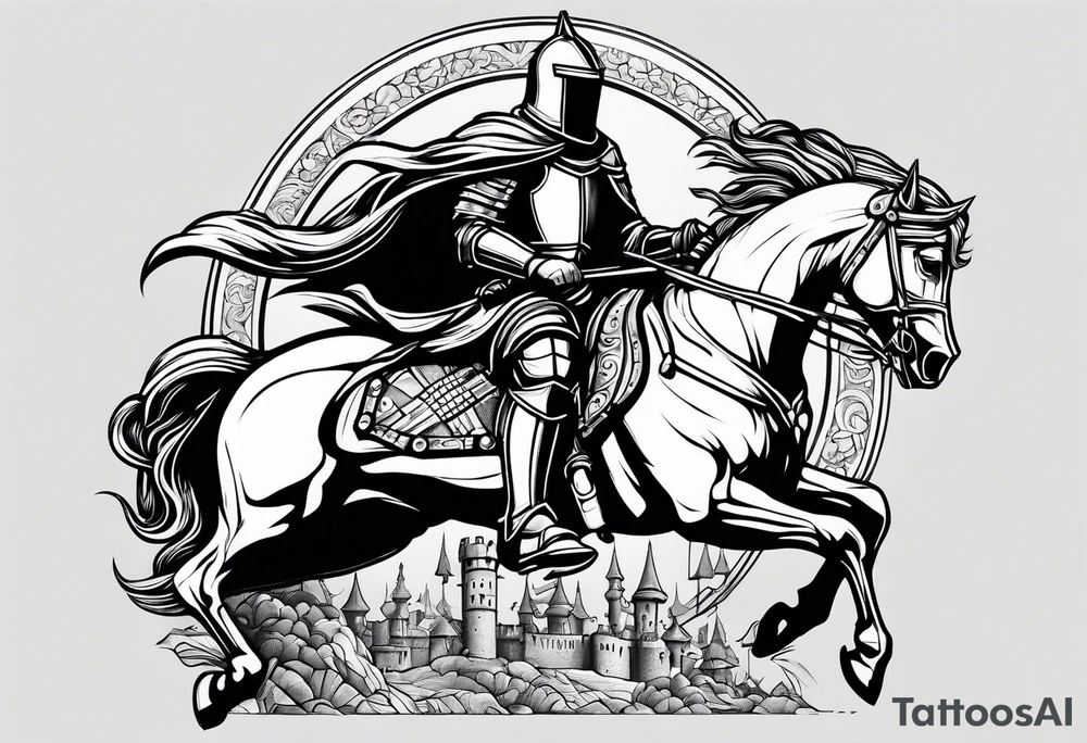 a knight engraving stamp style tattoo idea