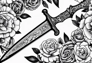 Dagger clock inside handle and flowers on blade tattoo idea