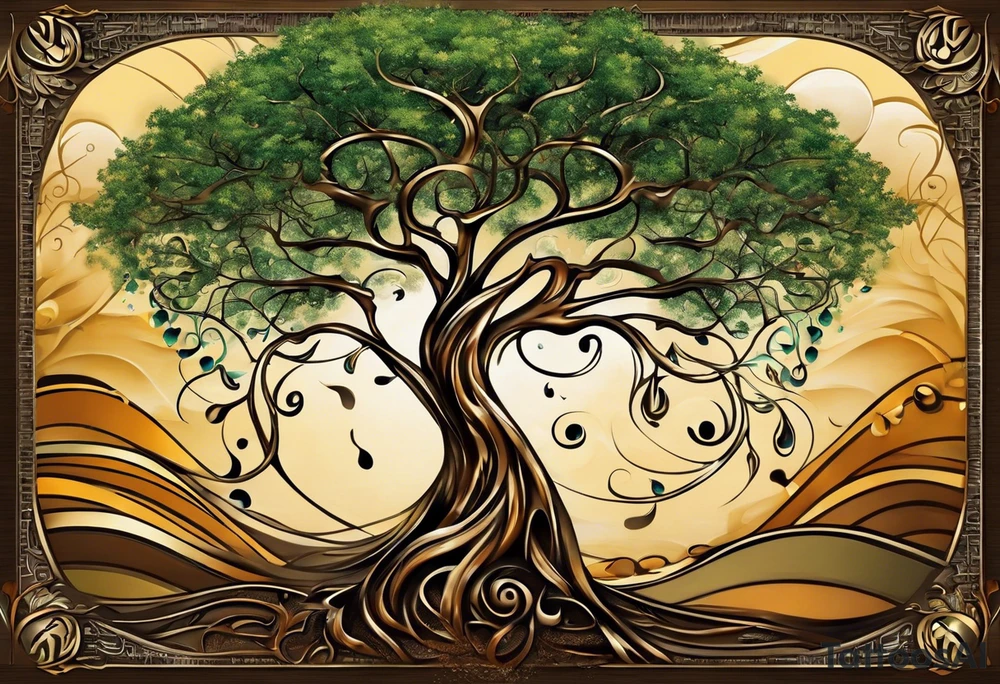 A tattoo design that incorporates the following elements: an abstract tree of life that has roots emerging  from the ground. Waves of water wrap around the tree in a non symmetrical design.  Incorporate musical notes into the tree. the letters U and A are overlapping and engraved into the tree. The game of golf incorporated but not prominent. tattoo idea