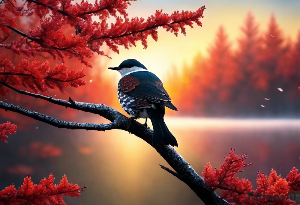 Arm tattoo. Long tattoo. Full sleeve. Shoulder. A single large maple tree with red autumn leaves that branches upwards from wrist to shoulder. White-throated dipper bird on the trees branches. Calluna flowers at the base of the trees stem. Tree stem has dark colors. Red/yellow sunset behind the trees stem. Leaves falling. tattoo idea