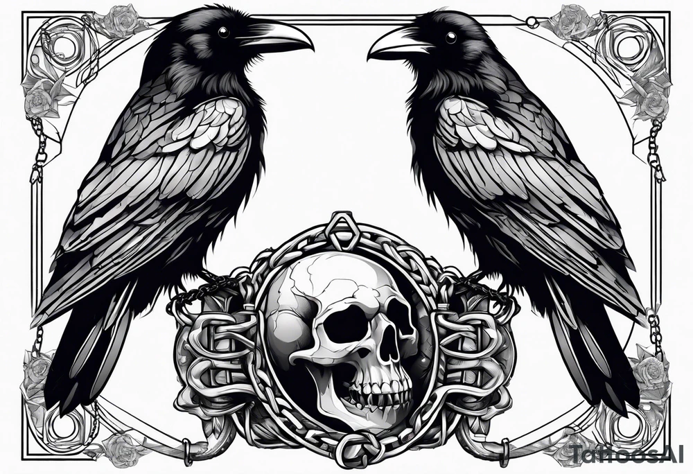 A raven with two skulls hanging from its talons by an old chain tattoo idea