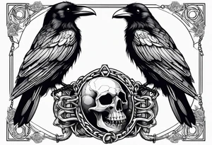 A raven with two skulls hanging from its talons by an old chain tattoo idea