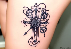 A bio-mechanical Maltese cross fused with gears and wires, combining organic and mechanical elements tattoo idea