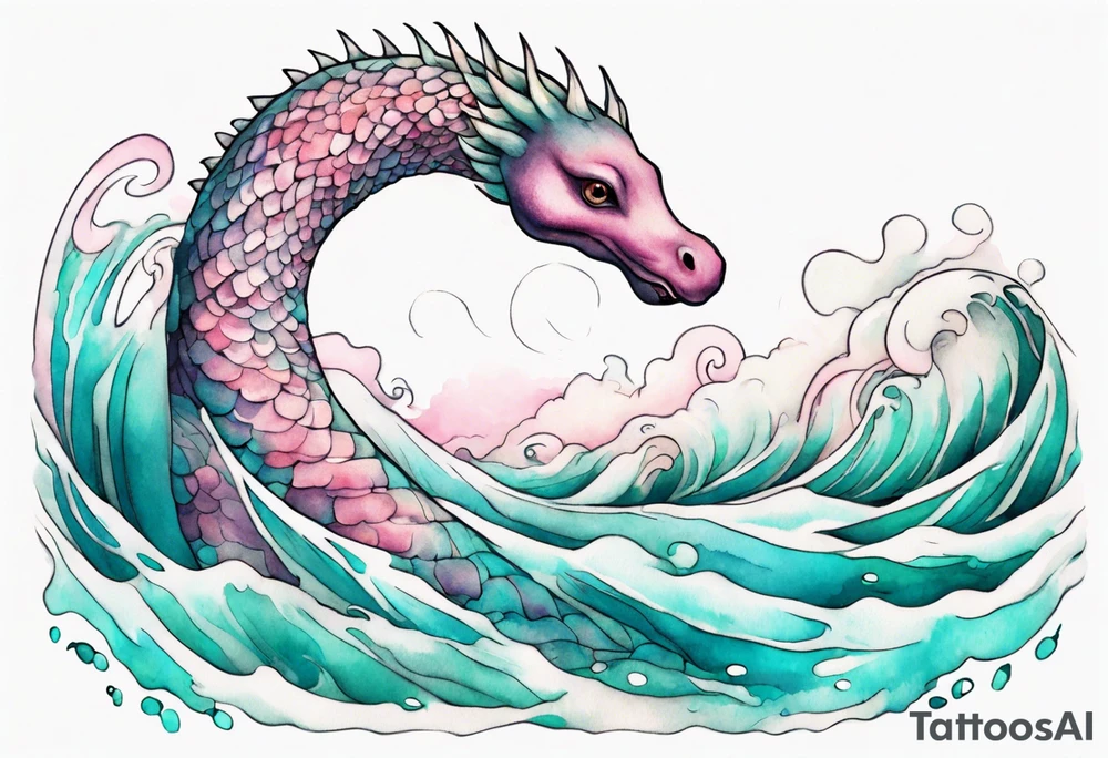 a beautiful Nessie with turquoise and pink scales emerging from the waves tattoo idea