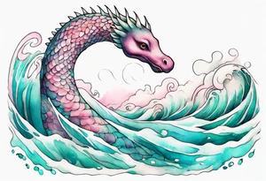a beautiful Nessie with turquoise and pink scales emerging from the waves tattoo idea