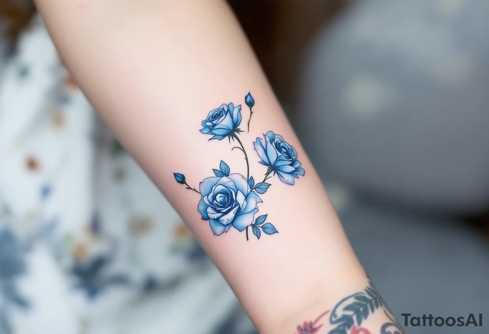 Miniature blue roses outlined in black, with watercolor shading for a dreamy, surreal effect. tattoo idea