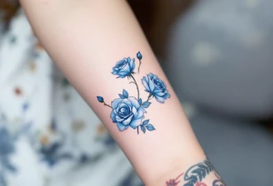 Miniature blue roses outlined in black, with watercolor shading for a dreamy, surreal effect. tattoo idea