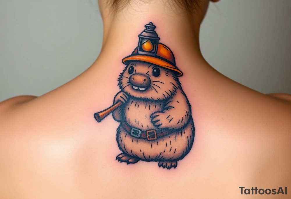 A mole dressed as an old-fashioned miner, with a small oil lamp on its helmet and tiny pickaxe in hand tattoo idea