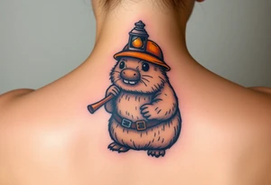 A mole dressed as an old-fashioned miner, with a small oil lamp on its helmet and tiny pickaxe in hand tattoo idea