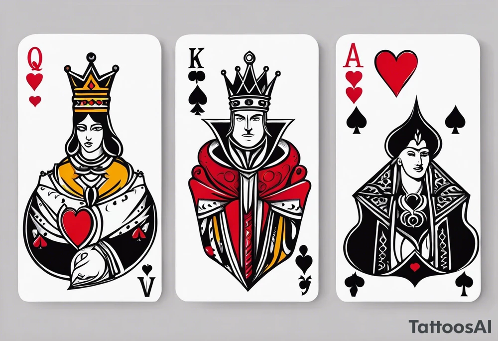 one combined tatto in minimalistic style with three king of spades and one queen of hearts tattoo idea