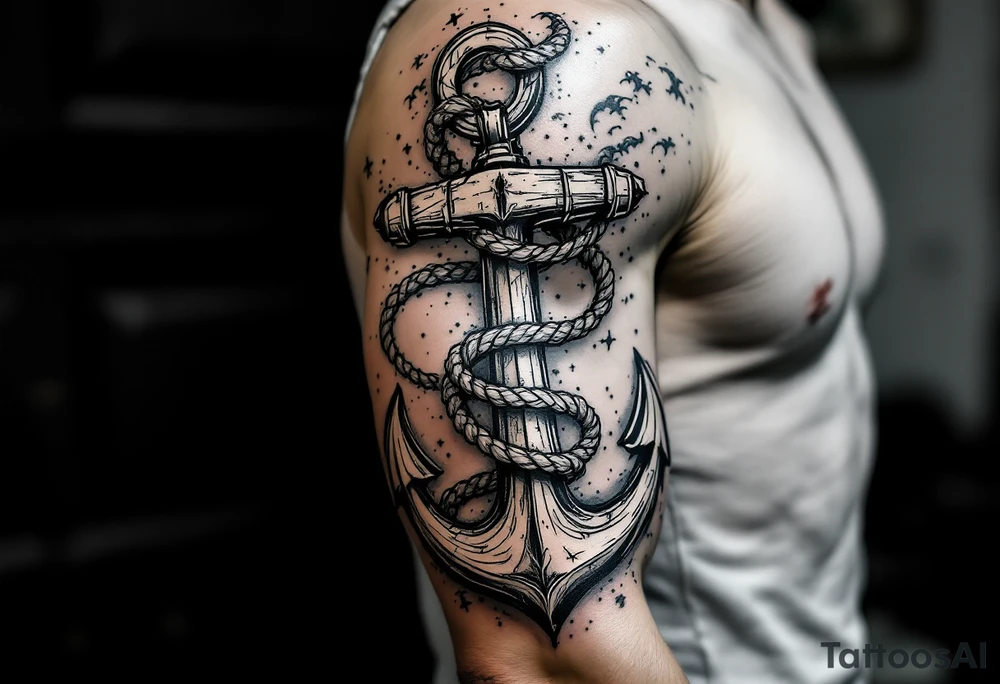 weathered anchor wrapped in nautical rope with sea waves tattoo idea