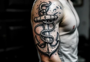 weathered anchor wrapped in nautical rope with sea waves tattoo idea