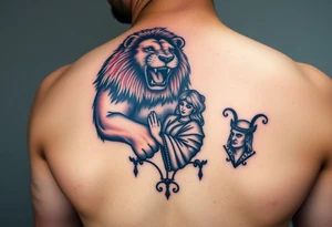 Roaring Leo lion holding virgo woman with robe and wavy hair, add Sagittarius female and Capricorn male below these tattoo idea