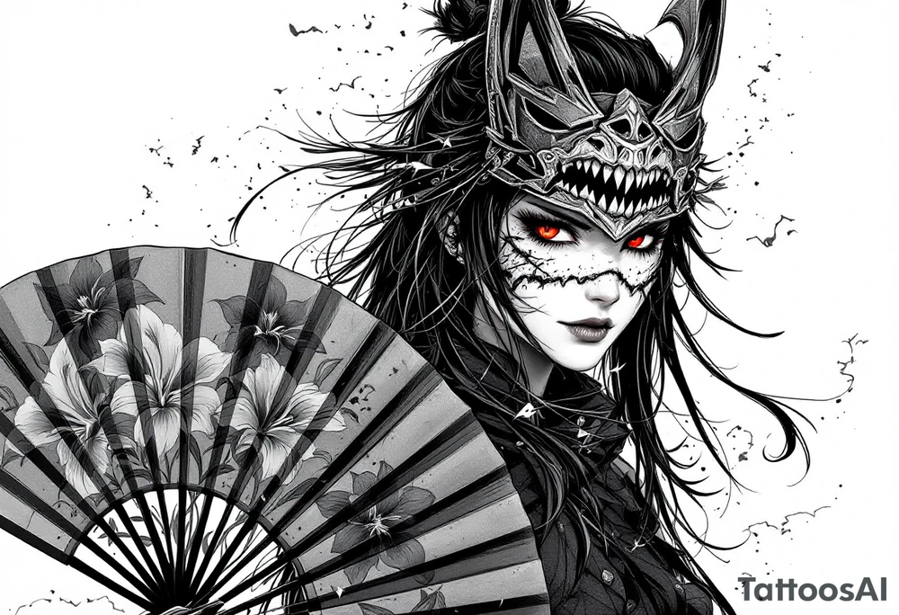 Woman samurai with red eyes wearing an half and broken kitsune mask, holding katana and japanese fan with Iris flowers tattoo idea