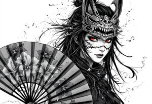 Woman samurai with red eyes wearing an half and broken kitsune mask, holding katana and japanese fan with Iris flowers tattoo idea