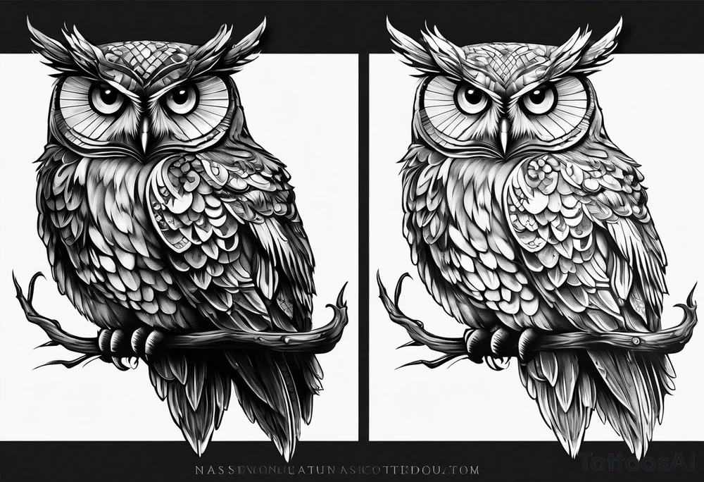 owl side profile holding a scale with its claws tattoo idea
