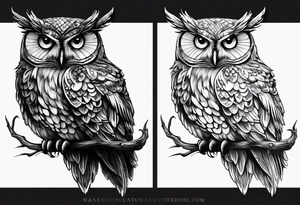 owl side profile holding a scale with its claws tattoo idea