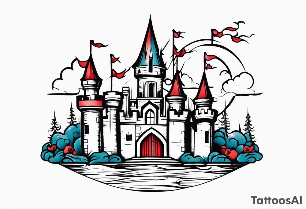 castle vintage tattoo style old school traditional bold color tattoo idea