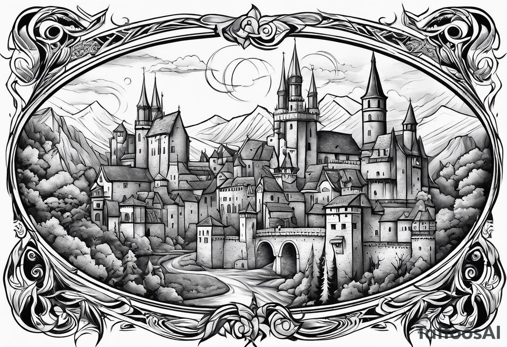 medieval tribal city vignette tattoo idea