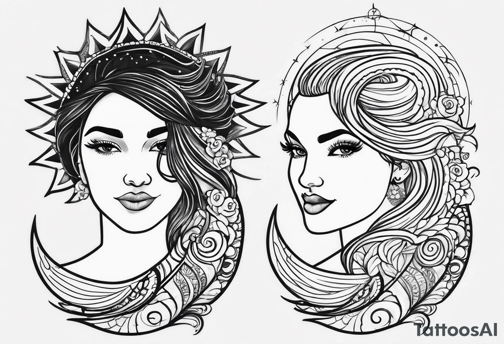 my sister's name Nėja and my mum's name Jūratė, I want to make a tattoo for them, do you have any ideas, I want to illustrate my sister as sun and my mum as ocean (wave or sea). My sister is very happy and always sunshine, my mum is strong and loves ocean tattoo idea