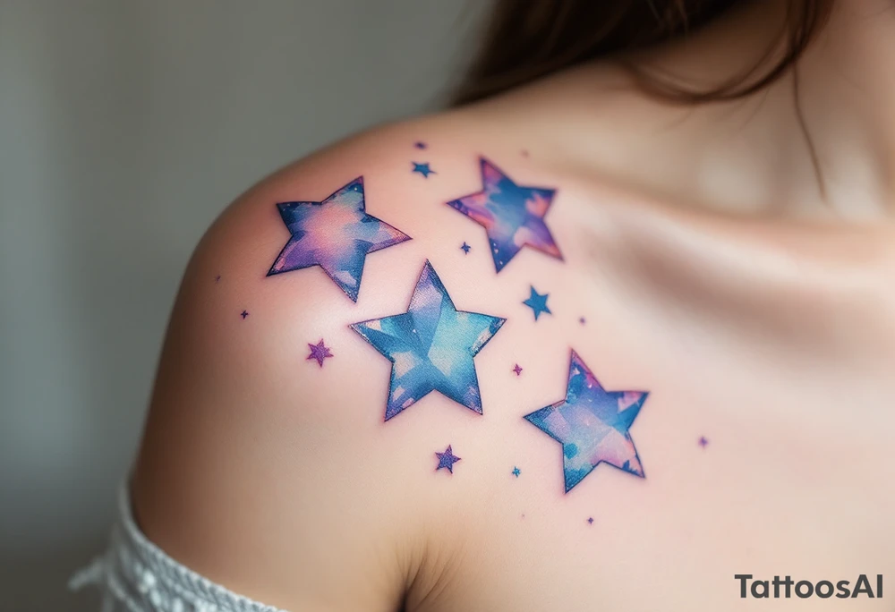 Watercolor-style Capricorn stars in soft blues and purples, fading like a cosmic dream across the shoulder. tattoo idea