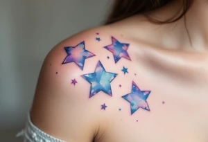 Watercolor-style Capricorn stars in soft blues and purples, fading like a cosmic dream across the shoulder. tattoo idea