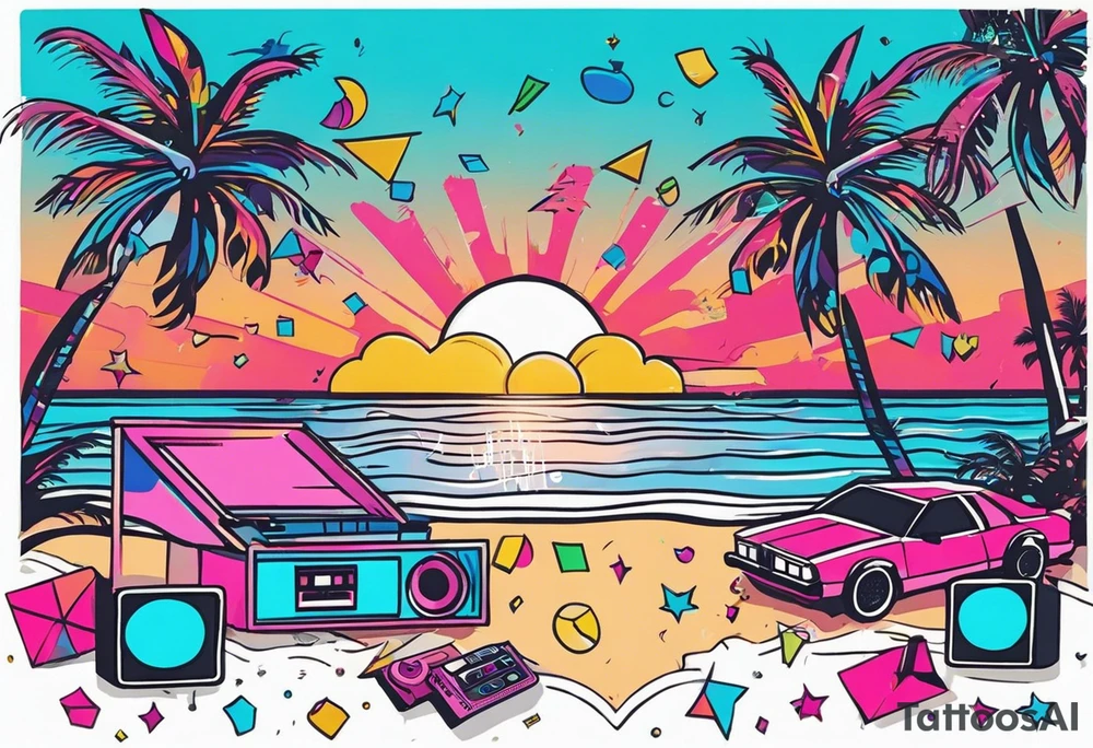 1980's miami vice style beach dance 
party, include confetti, music notes, boom box, bikinis sunset in the center tattoo idea