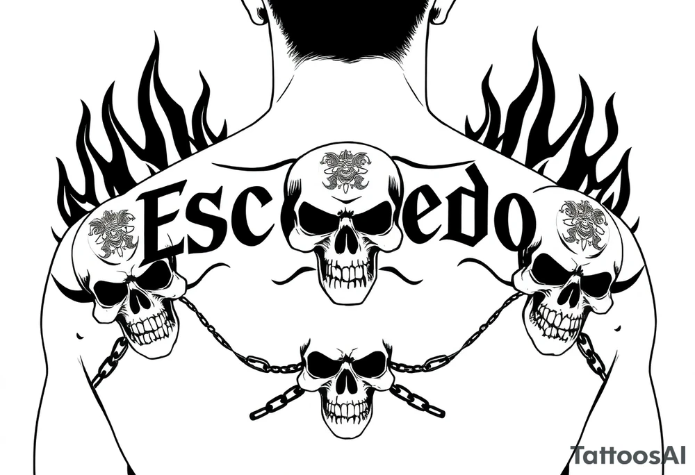 In the style of emo-gothic punk, a full upper back tattoo with the name 'Escobedo' in bold across the shoulders, untouched by surrounding elements. Black flame outlines rise behind the name, symmetrical and sharp, with no shading or grayscale. Chains loop through flame gaps in clean, flowing black lines. Cracked skull on the left shoulder blade, snarling skull in the center spine area, screaming or laughing skull on the right shoulder blade—each with Aztec or Chicano-style forehead patterns. All linework only, no color, stencil-ready, forming a halo of fire, death, tattoo idea