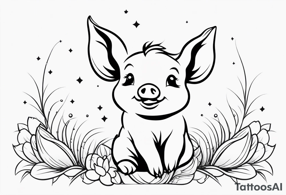 very cute happy piglet with small ears.
outline only.
black and white only.
only show the piglet. no extra lines or decoration.
no black shading.
draw only with very thin lines (1px)

should look like a tattoo that will only take 2 minutes to draw tattoo idea