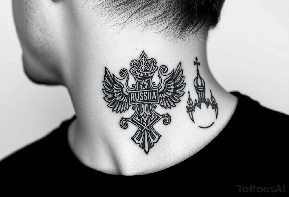 russian coat arms in a russian christian orthodox cross with the cross in the middle with a virgin mary & orthodox dome church on the side of the neck tattoo idea