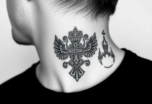 russian coat arms in a russian christian orthodox cross with the cross in the middle with a virgin mary & orthodox dome church on the side of the neck tattoo idea