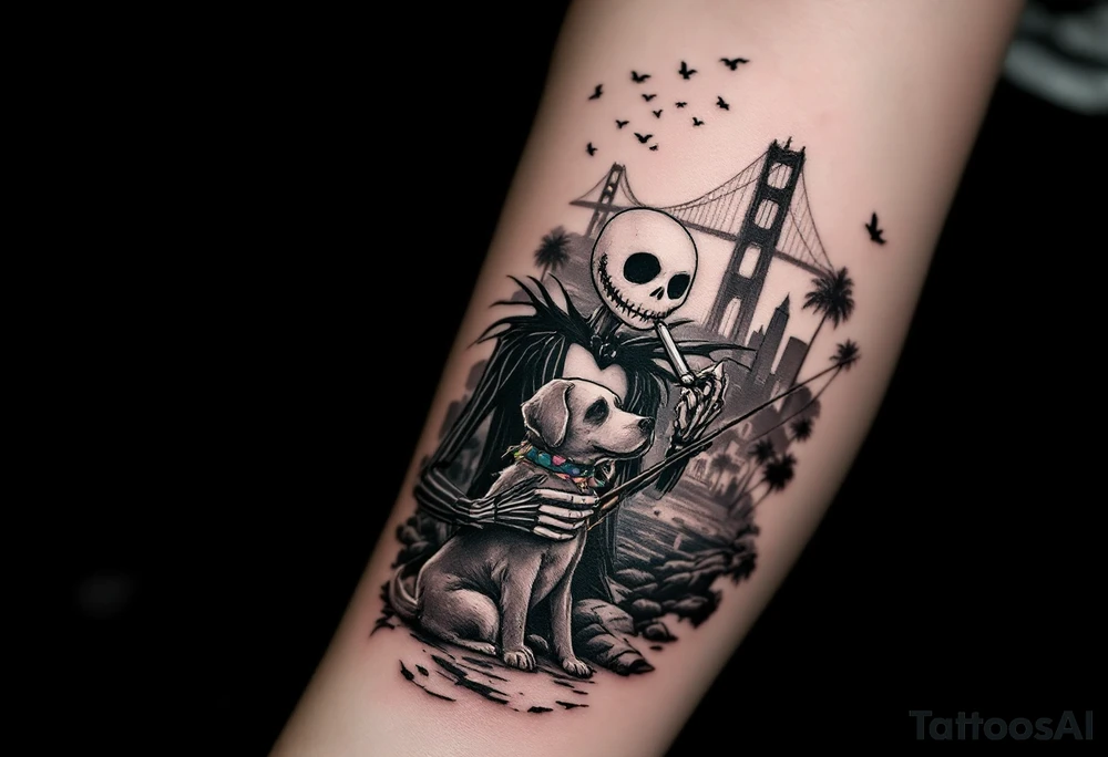 jack skellington with dog,smoking a blunt and fishing,surrounded by city buildings,golden gate bridge, birds, palm trees, tattoo idea