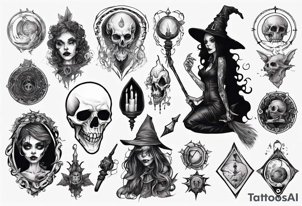 a Tim Burton-style witch necromancer tattoo idea