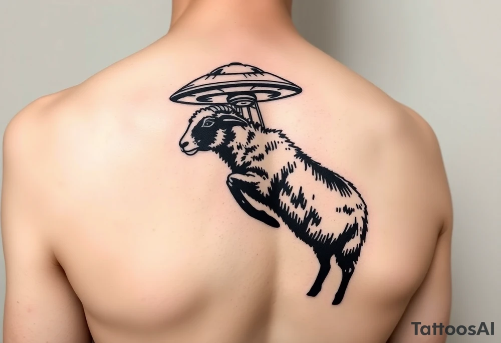 UFO abducting a black sheep. No color. Black and gray scale on back of arm above elbow tattoo idea