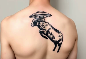 UFO abducting a black sheep. No color. Black and gray scale on back of arm above elbow tattoo idea