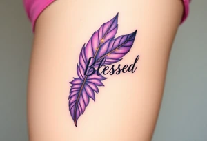 A radiant amethyst purple and gold feather, infused with soft glowing energy, featuring the word "Blessed", symbolizing gratitude for love tattoo idea