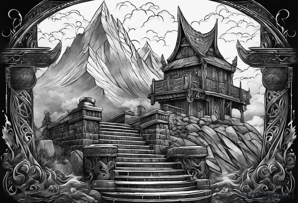 The Viking is standing at the bottom of the stairs to the valhalla. tattoo idea