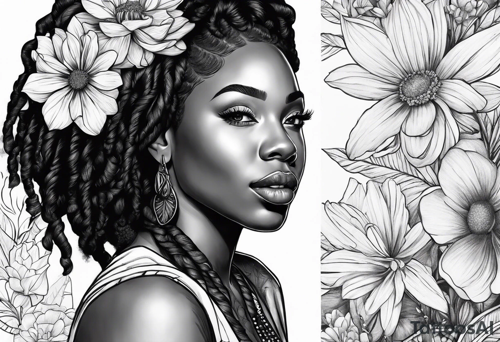 Black Woman with locs and flowers tattoo idea