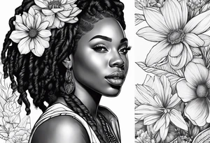 Black Woman with locs and flowers tattoo idea
